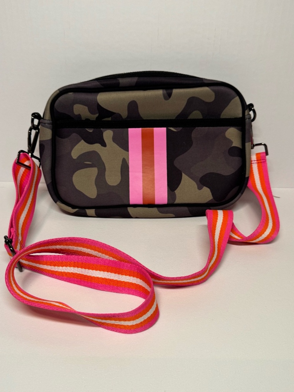 Camo Neoprene Crossbody Bag w/ Pink & Orange Stripe Strap Trendy Purse
